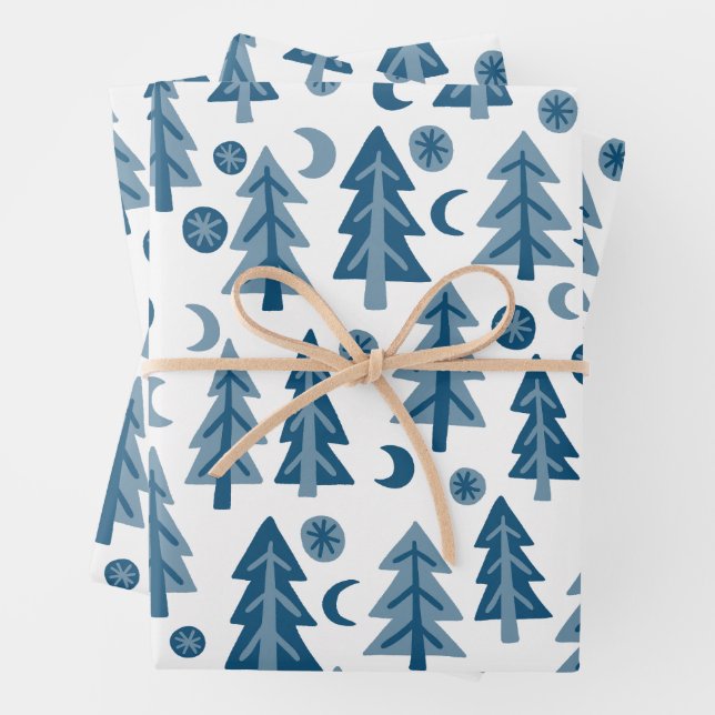 Winter Holiday Blue White Trees Pattern Gift Wrapping Paper Sheet (In situ)