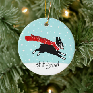 Winter Holiday Boston Terrier Wearing Red Scarf Ceramic Tree Decoration