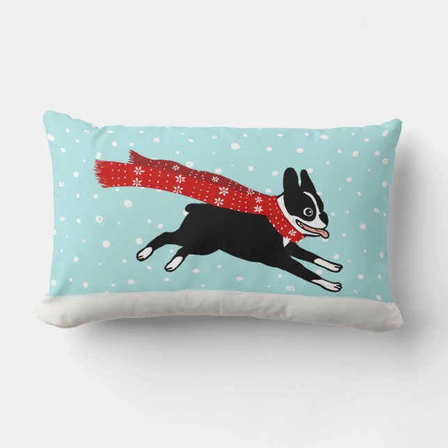 Winter Holiday Boston Terrier Wearing Red Scarf Lumbar Cushion (Front)