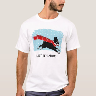 Winter Holiday Boston Terrier Wearing Red Scarf T-Shirt