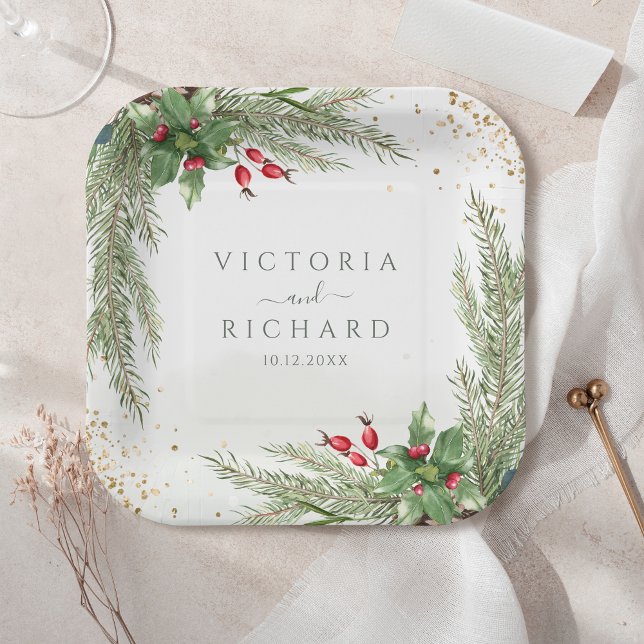 Winter Holiday Botanical Greenery Glitter Wedding Paper Plate (Creator Uploaded)
