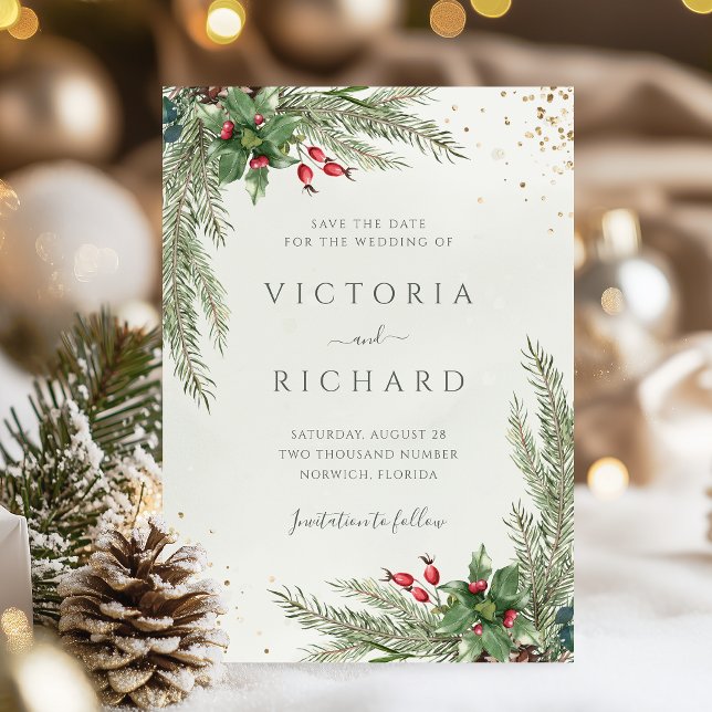 Winter Holiday Botanical Greenery Wedding Save The Date (Creator Uploaded)