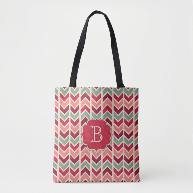 Winter Holiday Chevrons Pattern with Monogram Tote Bag (Front)