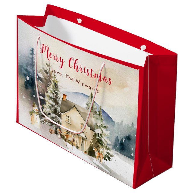 Winter Holiday Cottage Merry Christmas Large Gift Bag (Front Angled)