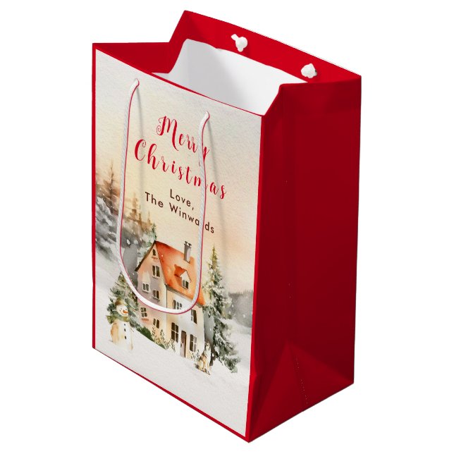 Winter Holiday Cottage Merry Christmas Medium Gift Bag (Front Angled)