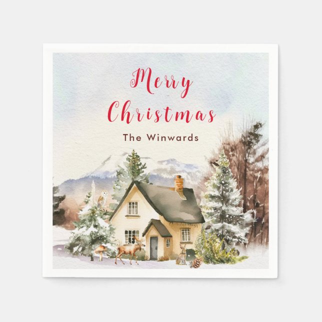 Winter Holiday Cottage Merry Christmas Napkin (Front)