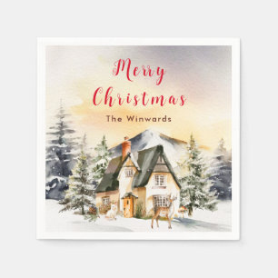Winter Holiday Cottage Merry Christmas Napkin