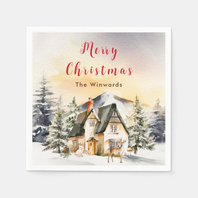 Winter Holiday Cottage Merry Christmas Napkin (Front)