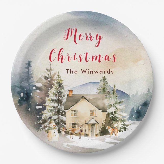 Winter Holiday Cottage Merry Christmas Paper Plate (Front)