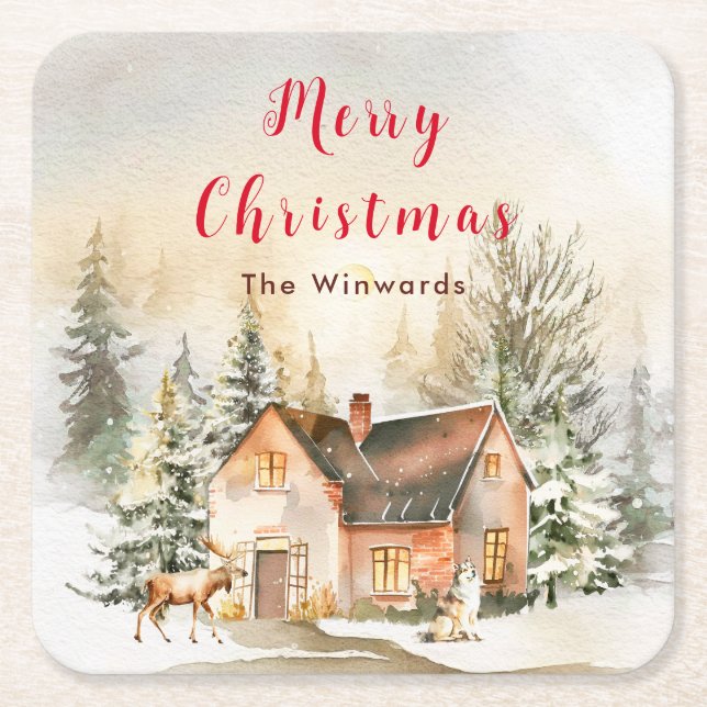 Winter Holiday Cottage Merry Christmas Square Paper Coaster (Front)