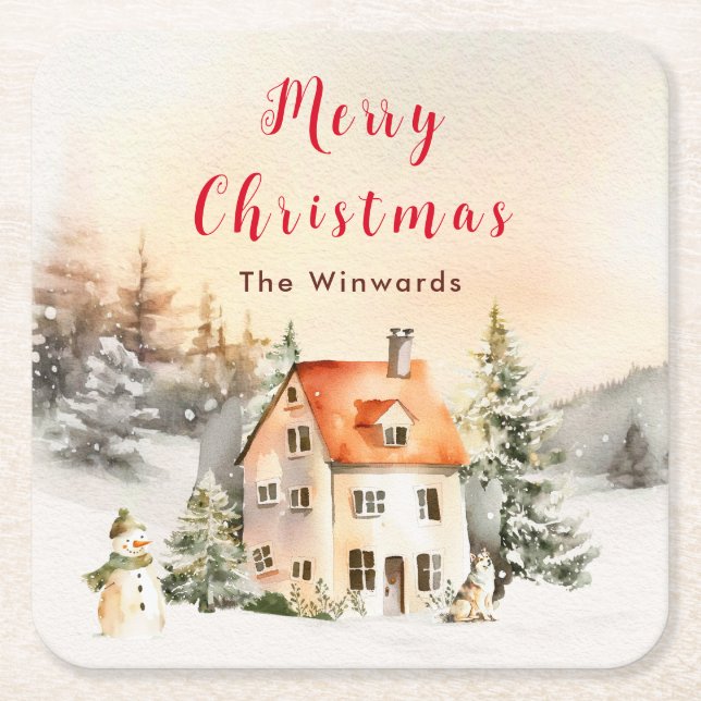 Winter Holiday Cottage Merry Christmas Square Paper Coaster (Front)