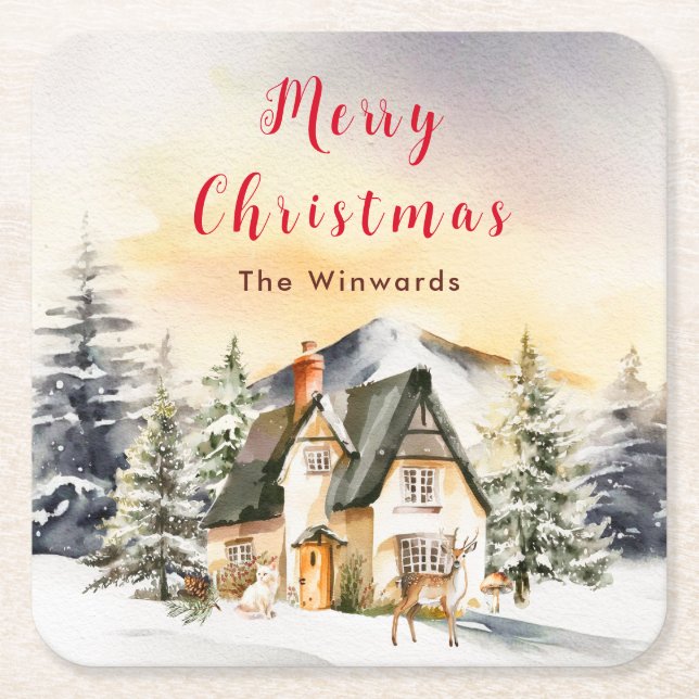Winter Holiday Cottage Merry Christmas Square Paper Coaster (Front)
