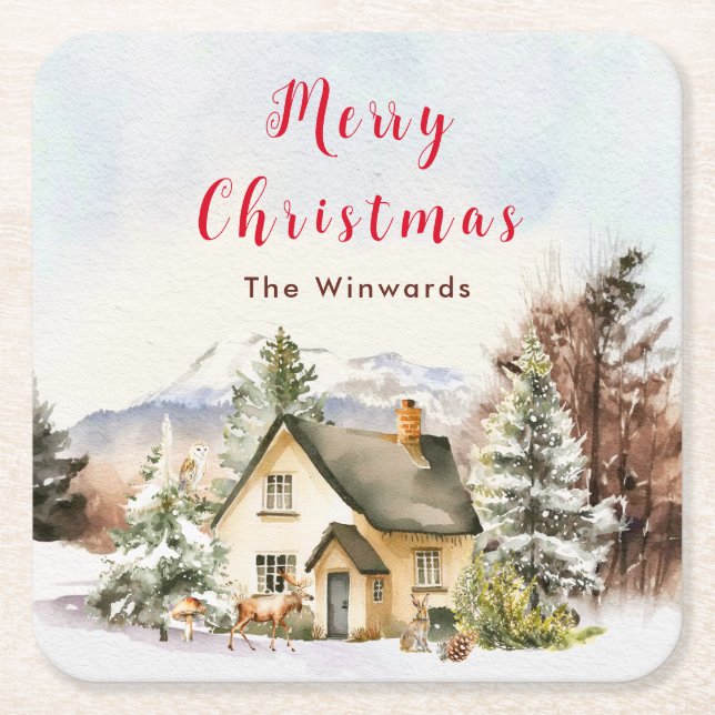 Winter Holiday Cottage Merry Christmas Square Paper Coaster (Front)