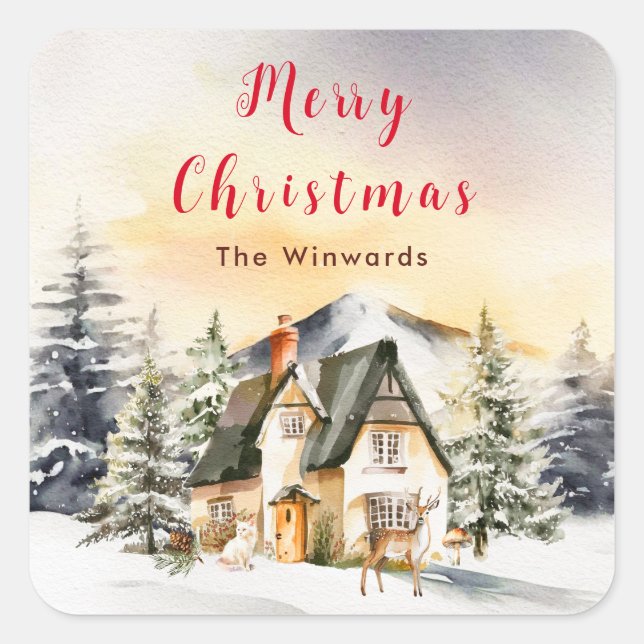 Winter Holiday Cottage Merry Christmas Square Sticker (Front)
