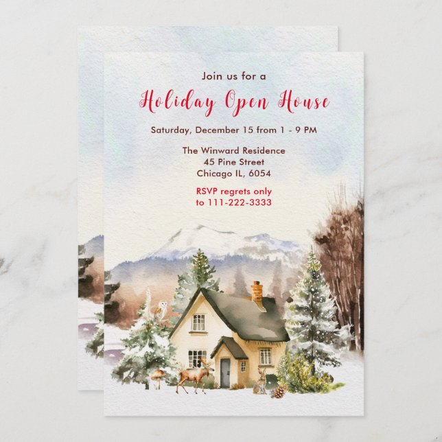 Winter Holiday Cottage Open House Invitation (Front/Back)