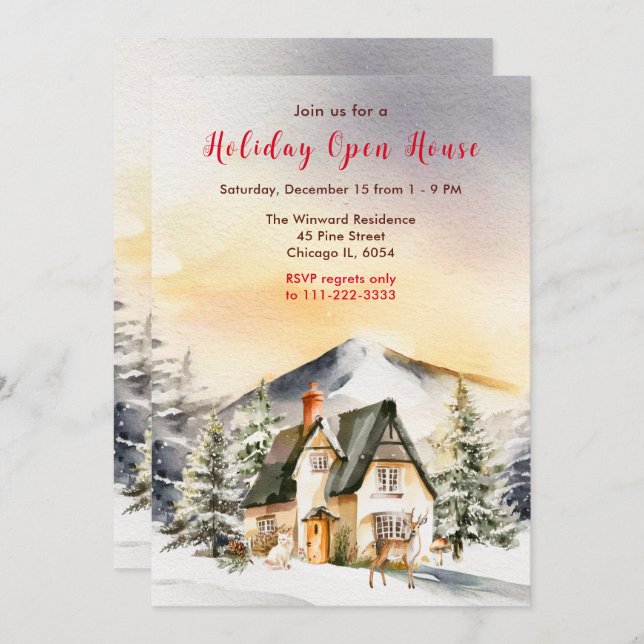 Winter Holiday Cottage Open House Invitation (Front/Back)