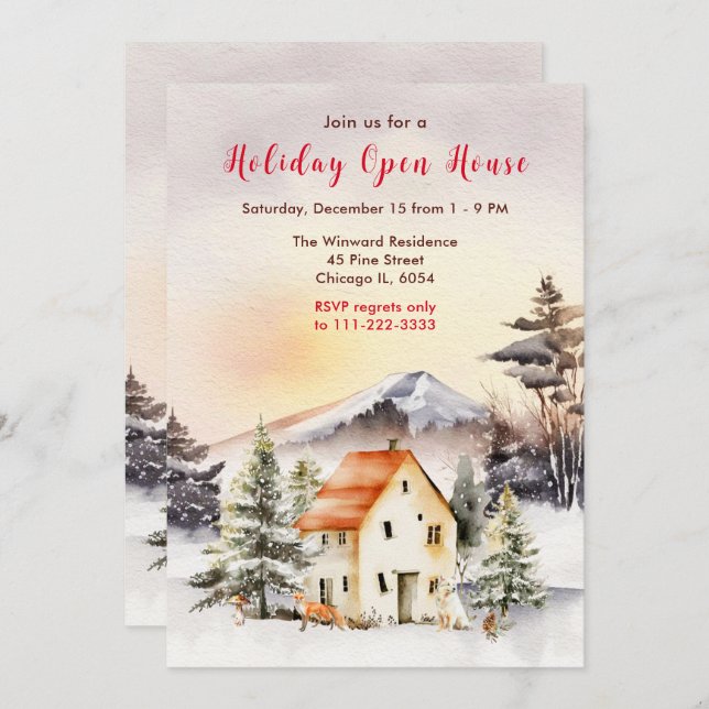 Winter Holiday Cottage Open House Invitation (Front/Back)