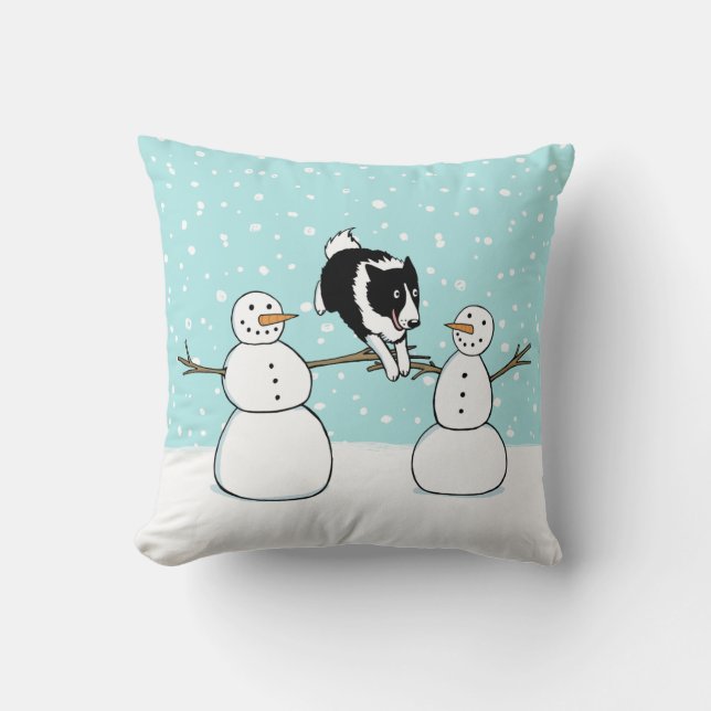 Winter Holiday Cute Border Collie Dog with Snowmen Cushion (Front)