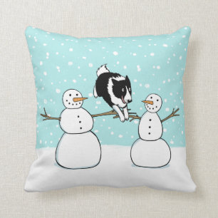 Winter Holiday Cute Border Collie Dog with Snowmen Cushion