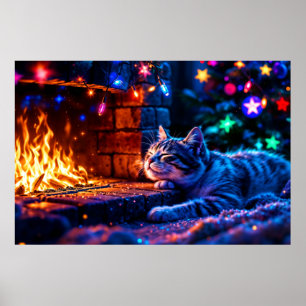 Winter holiday cute cat Christmas lights Poster
