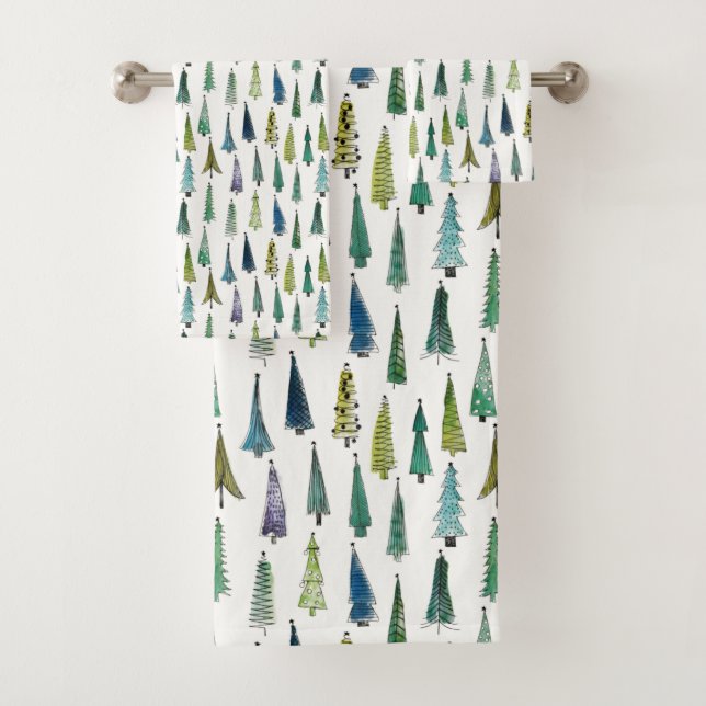 Winter Holiday Evergreen Trees Bath Towel Set (Insitu)