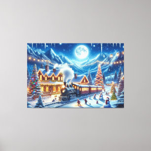 Winter Holiday Express Train Painting Canvas Print