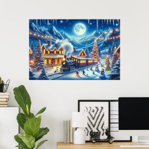 Winter Holiday Express Train Painting Poster