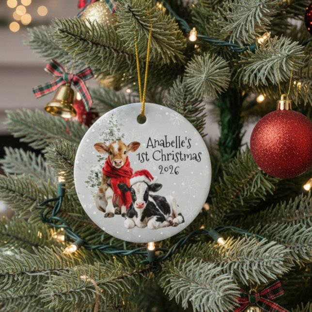 Winter Holiday Farm Cow 1st Christmas  Ceramic Tree Decoration (Creator Uploaded)