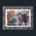 winter holiday foliage chalkboard photo postcard<br><div class="desc">winter stencil foliage on a chalkboard background with your own photo in the center and the elegant script  as a photo overlay</div>