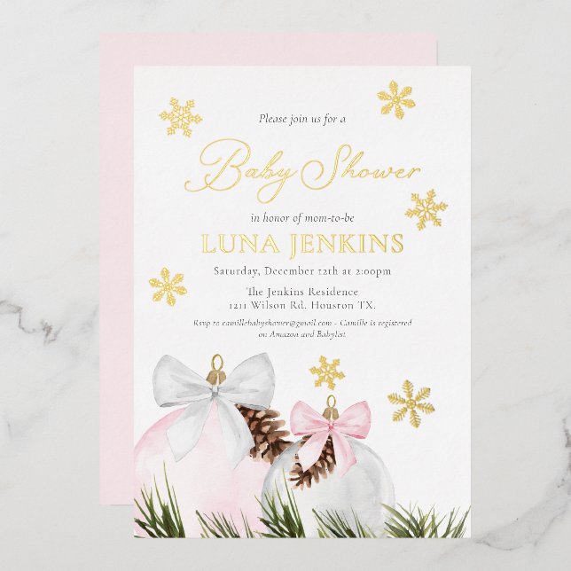 Winter Holiday Girl Baby Shower Foil Invitation (Front/Back)