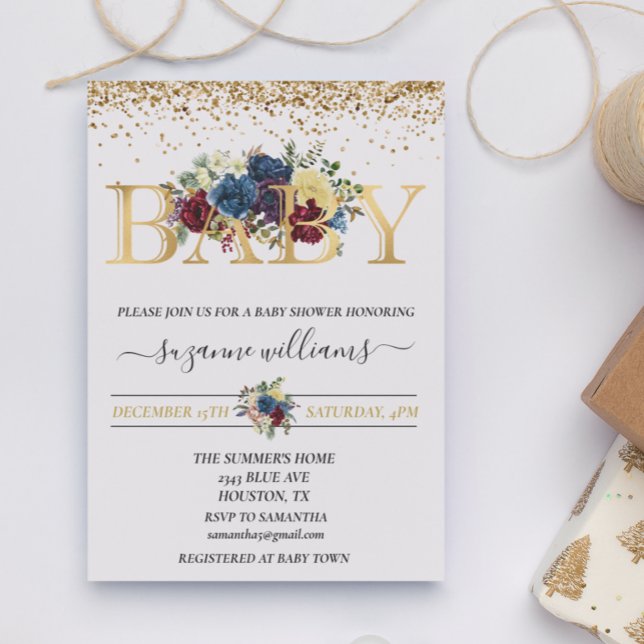 Winter Holiday Gold Baby Shower Floral Flower  Invitation (Creator Uploaded)