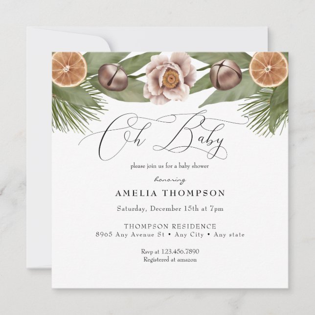 Winter Holiday Greenery | Boho Baby Shower Invitation (Front)