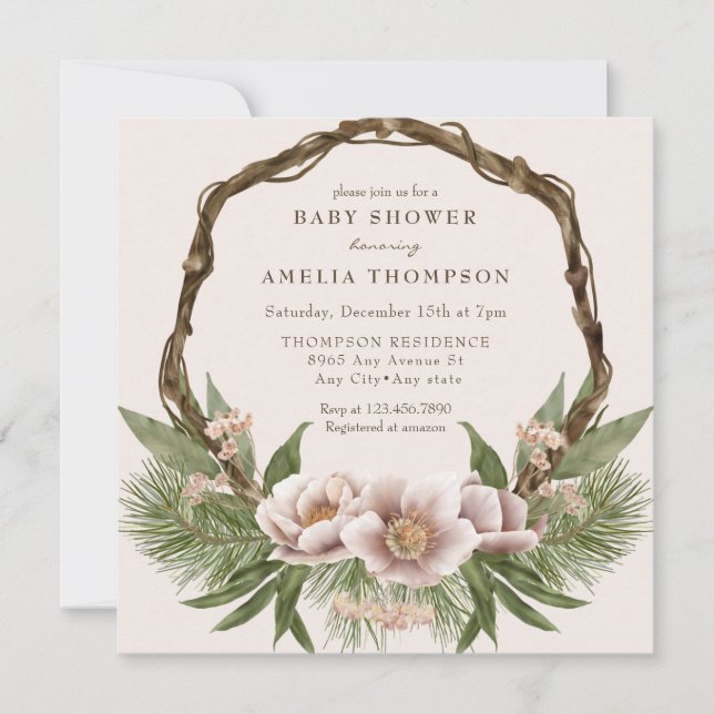 Winter Holiday Greenery | Boho Baby Shower Invitation (Front)