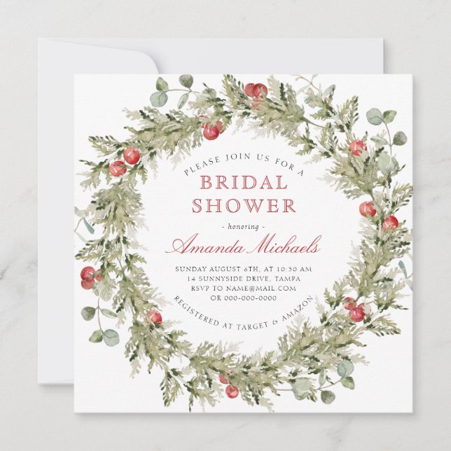 Winter Holiday Greenery Pine Bridal Shower Invitation (Front)