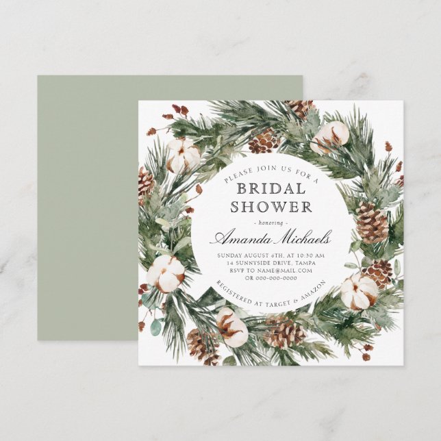 Winter Holiday Greenery Pine Cotton Bridal Shower Invitation (Front/Back)