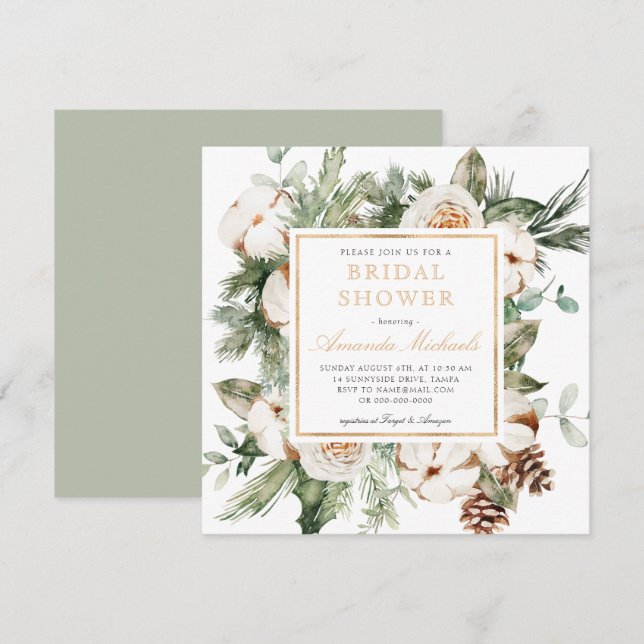 Winter Holiday Greenery Pine Gold Bridal Shower Invitation (Front/Back)