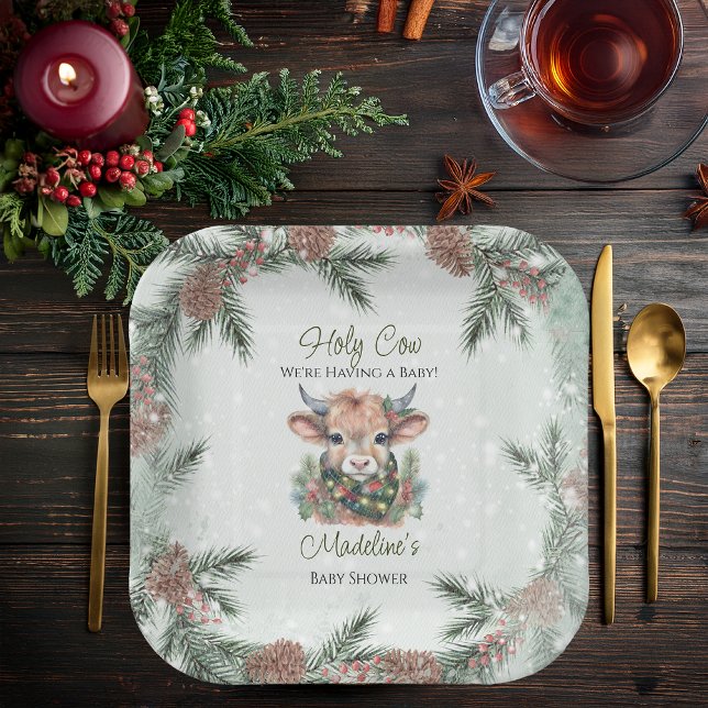 Winter Holiday Highland Holy Cow Baby Shower Paper Plate (Winter Holiday Highland "Holy Cow" Evergreen Baby Shower Square Paper Plates)