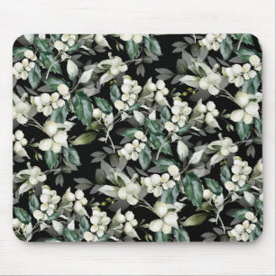 Winter holiday holly branches black pattern mouse pad