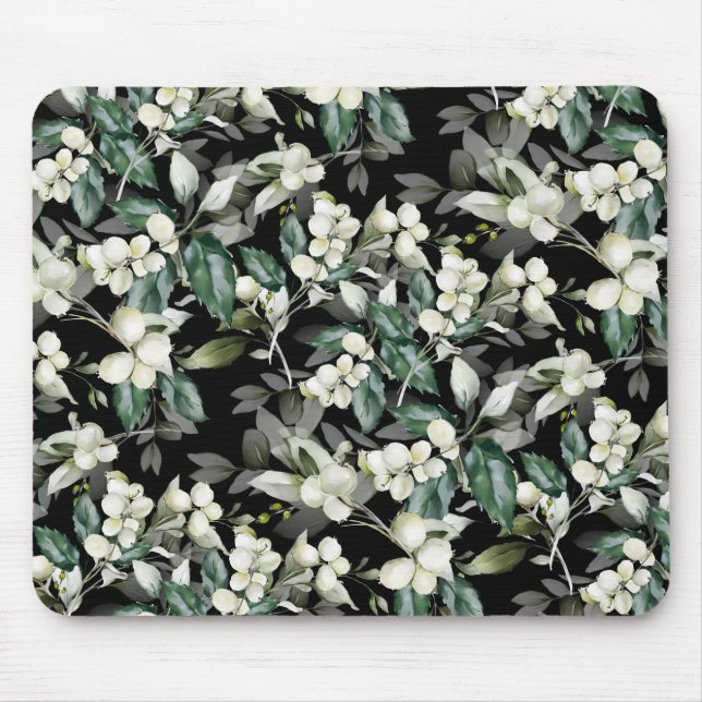 Winter holiday holly branches black pattern mouse pad (Front)