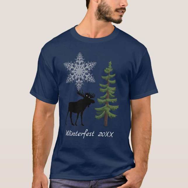 Winter Holiday Moose Snowflake Pine Tree T-Shirt (Front)