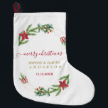 Winter Holiday Pine Cones Christmas Balls Wedding  Large Christmas Stocking<br><div class="desc">Elegant and unique design featuring gorgeous watercolour pine branches,  berries,  Christmas balls,  gold hands arrangement as a winter holidays wreath on a white background. Use Personalise tool to add your info. For more ideas,  please visit my Gold Hands Holidays Collection.</div>