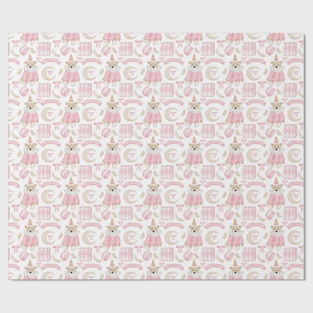 Winter holiday Pink bears kids pattern Wrapping Paper (Flat)