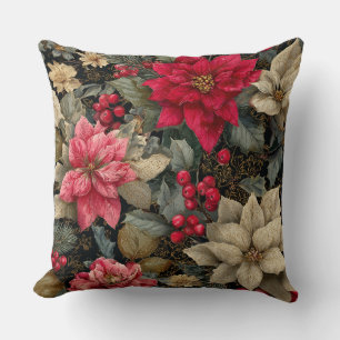 Winter Holiday Poinsettias And Berries Floral Cushion