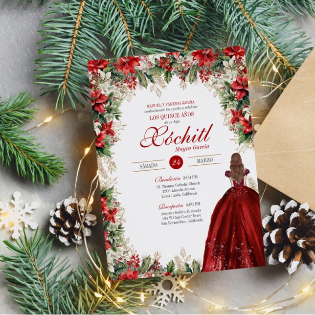 Winter Holiday Red Floral Elegant Quinceanera Invitation (Creator Uploaded)