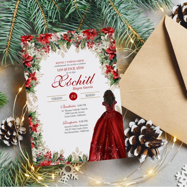 Winter Holiday Red Floral Elegant Quinceanera Invitation (Creator Uploaded)