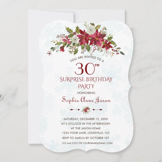 Winter Holiday Red Poinsettia Surprise 30 Birthday Invitation (Front)