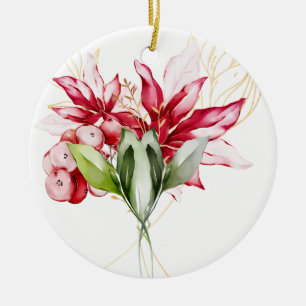 Winter holiday red poinsettia watercolour flowers  ceramic tree decoration