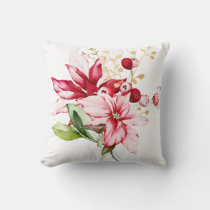 Winter holiday red poinsettia watercolour flowers cushion