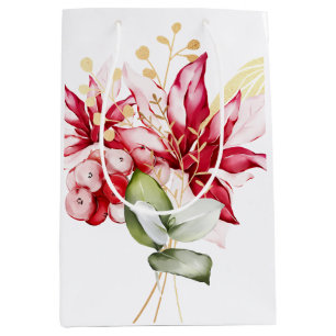 Winter holiday red poinsettia watercolour flowers  medium gift bag