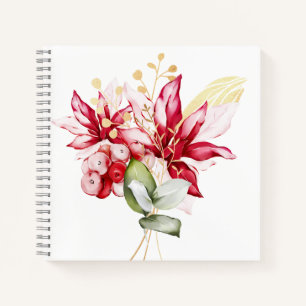 Winter holiday red poinsettia watercolour flowers  notebook
